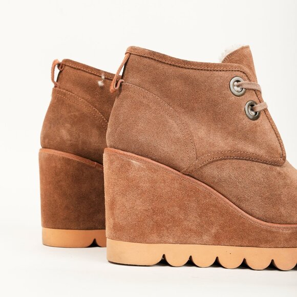 See by Chloe Ethel Brown Shearling-Lined Suede Wedge Desert Booties - Picture 8 of 10